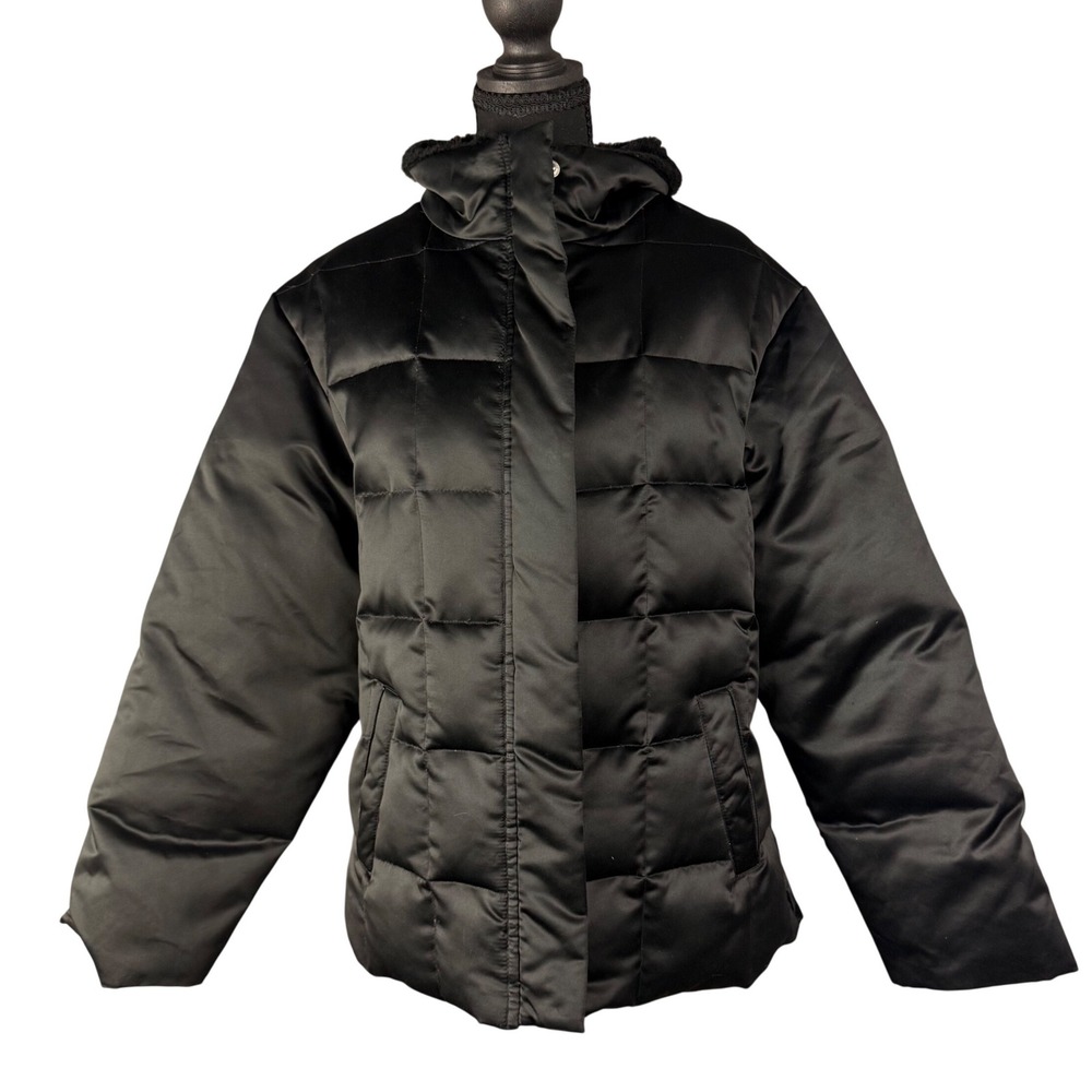 Larry Levine Black Down Puffer Jacket Faux Fur Collar Quilted Winter Coat Small